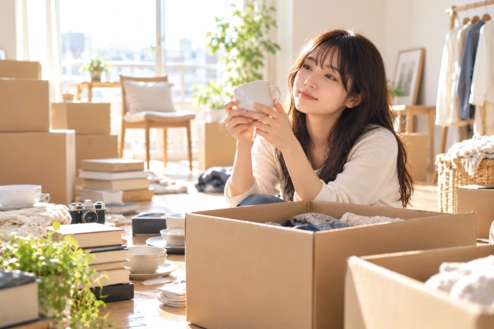 持ち物を整理しながら、これからの暮らしについて静かに考える女性と、シンプルな部屋に並べられた家具や生活用品