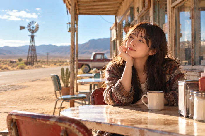 砂漠の中の古びたカフェで、コーヒーを飲みながら遠くを見つめる女性と、静かな日常を感じさせる風景