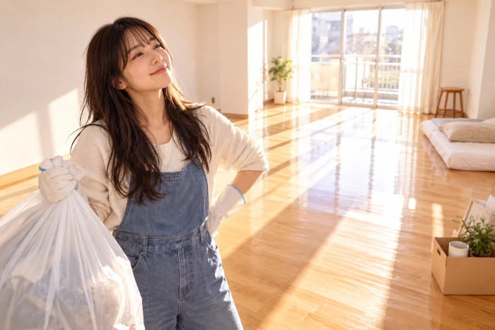 掃除を終えてきれいになった部屋を見つめる女性が、大きなゴミ袋を手にして片付けすぎたことに気づく様子