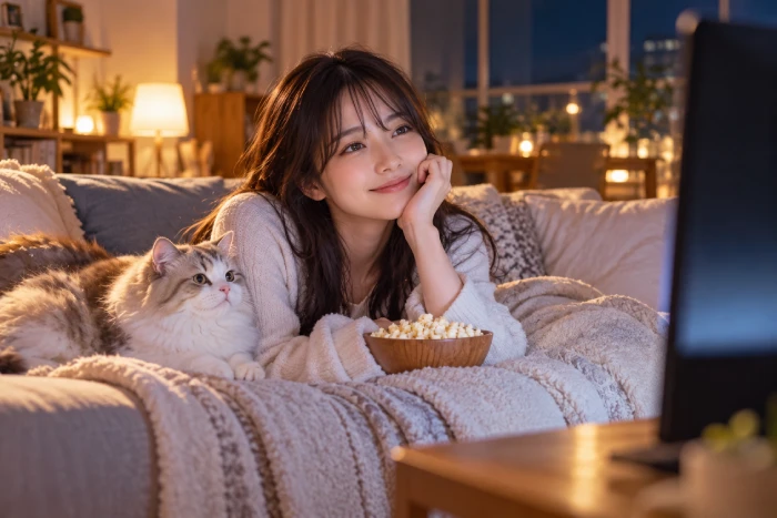 きれいに整った部屋で猫と一緒に映画を楽しむ女性。夜のくつろいだ時間を過ごしている様子