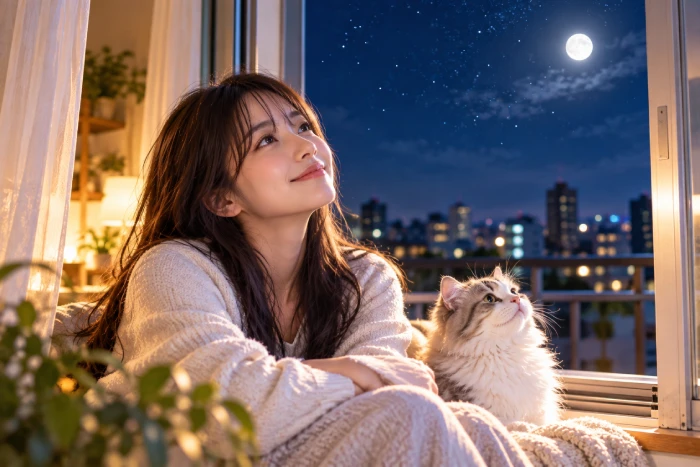 きれいに整えた部屋の窓辺で、猫と一緒に夜空を見上げる女性。満月と星空を眺めながら穏やかな時間を過ごしている様子