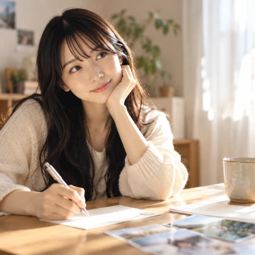 昼の部屋で手紙を書く女性が懐かしそうに微笑む姿