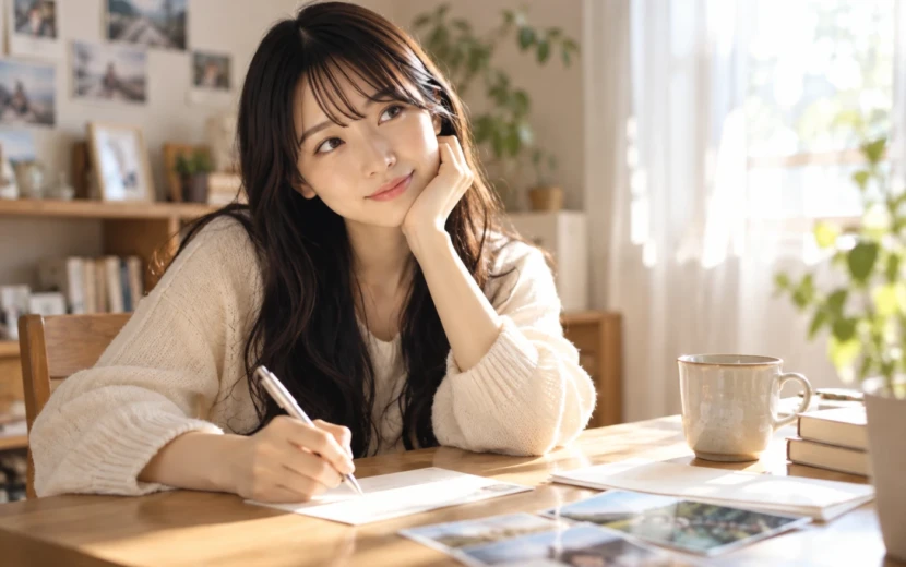 昼の部屋で手紙を書く女性が懐かしそうに微笑む姿