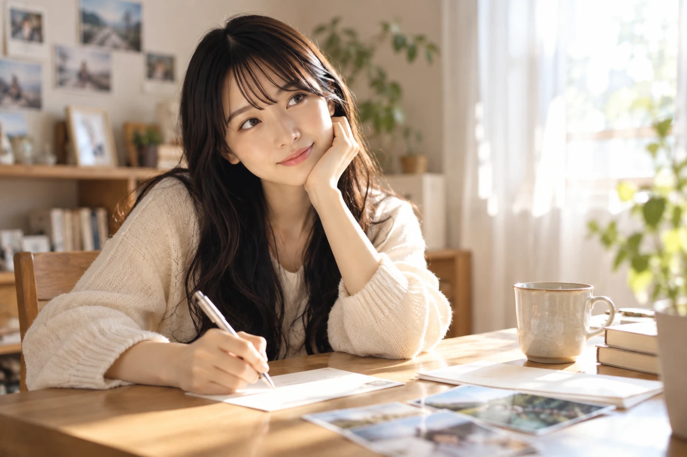 昼の部屋で手紙を書く女性が懐かしそうに微笑む姿