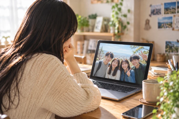 女性がPCで昔の仲間との写真を見つめる昼の部屋