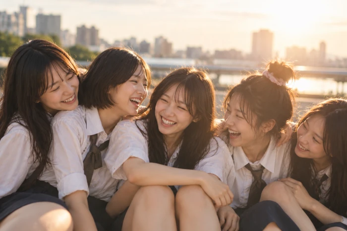 夕暮れの街で肩を寄せ合い笑う5人の女子学生たち