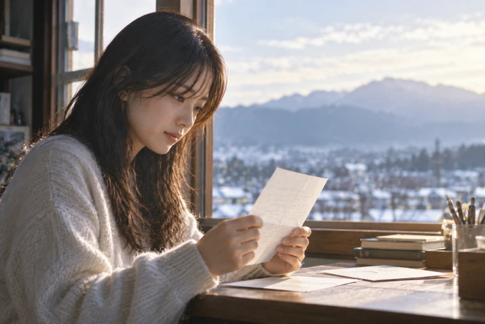 窓辺で手紙を読む女性と雪景色の街並み