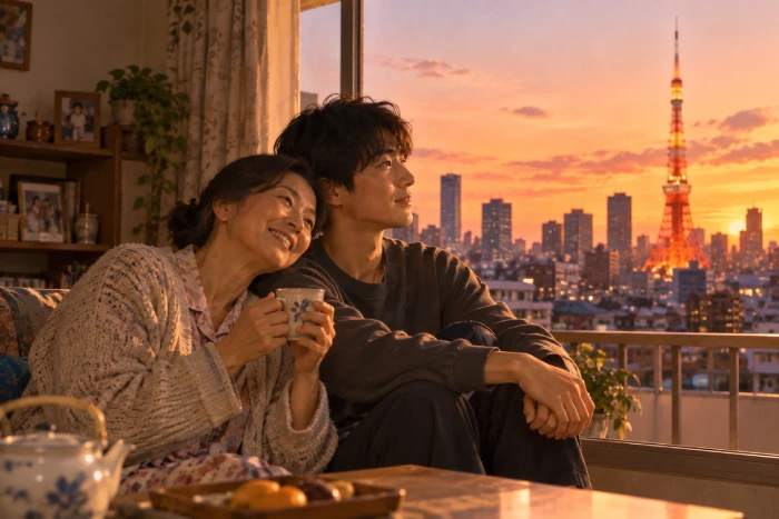夕暮れの窓辺で母と息子が寄り添い東京の街を眺める姿