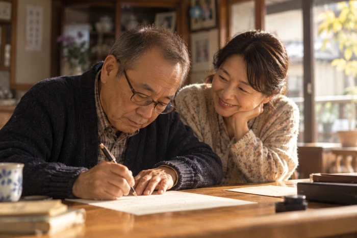 夫が手紙を書き、妻が寄り添う穏やかな昼のひととき