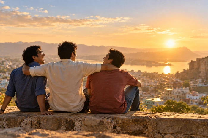 夕暮れの街を眺めながら肩を組む3人の若者たち