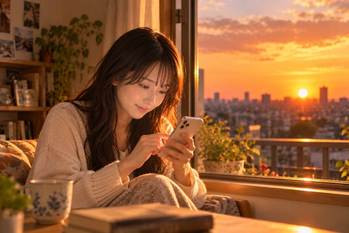 夕暮れの窓辺でスマホにメールを打つ女性