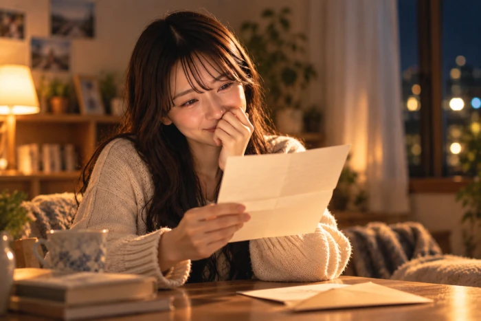 夜の部屋で届いた手紙を読み涙を浮かべる女性
