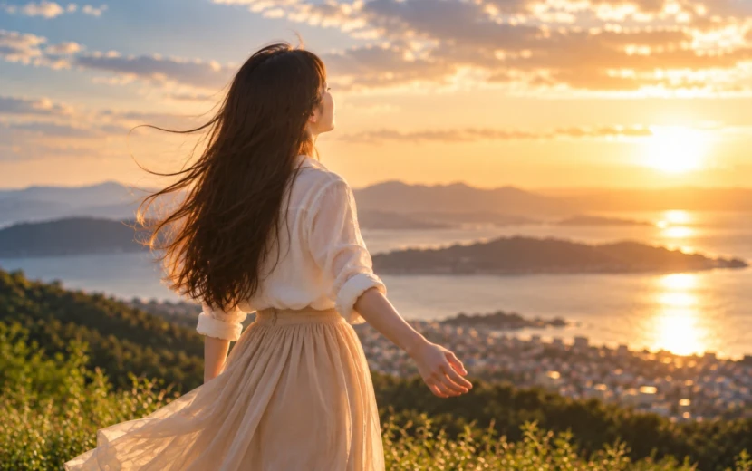 夕日を見つめながら風を感じる女性と海を望む風景