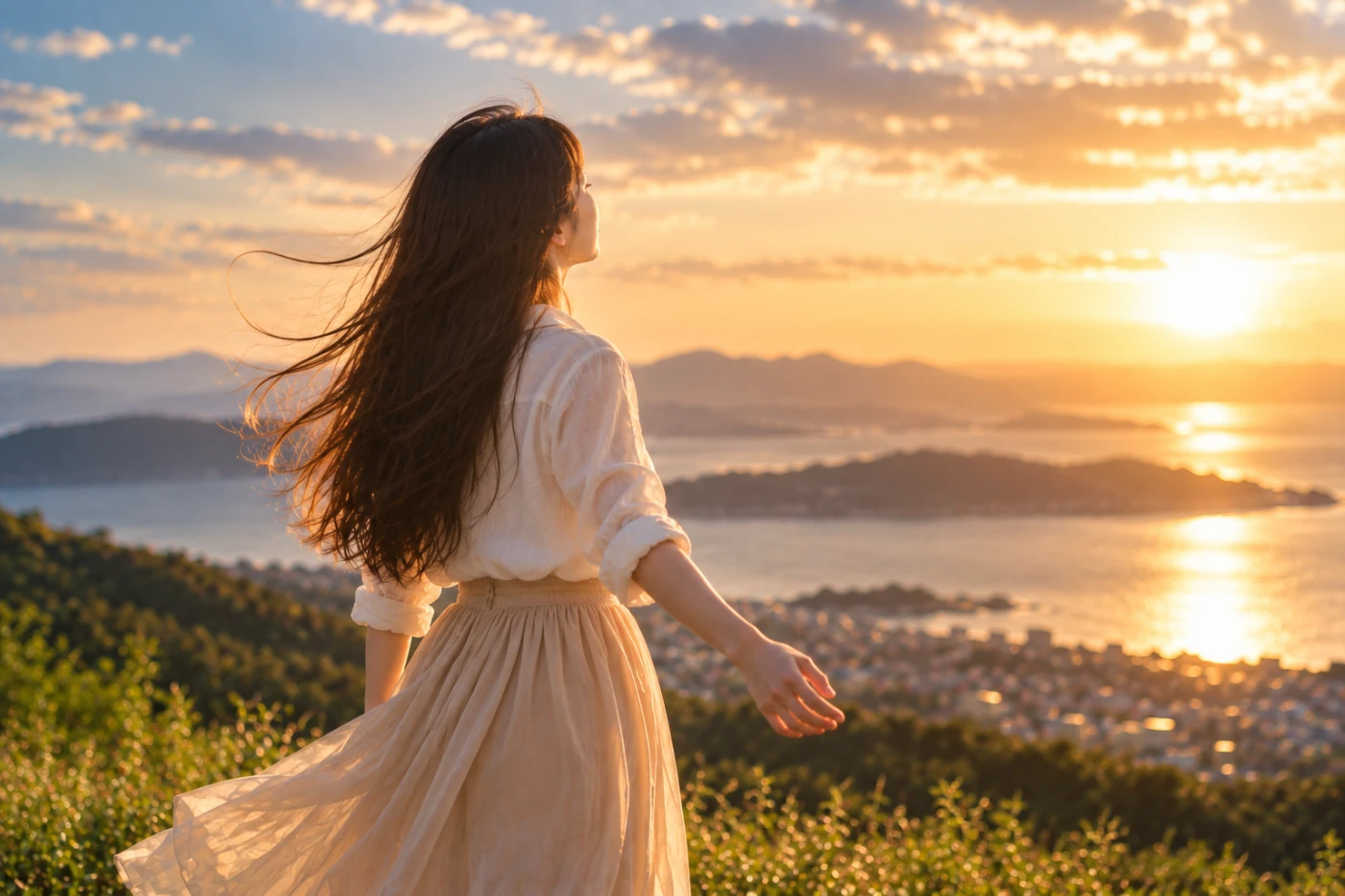 夕日を見つめながら風を感じる女性と海を望む風景