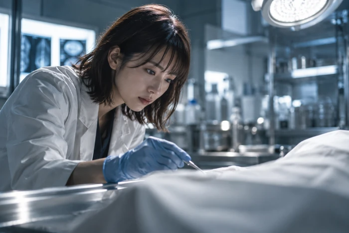 法医学者の女性が遺体を調べる静かな解剖室