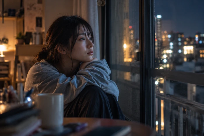 夜の部屋で窓の外を静かに見つめる若い女