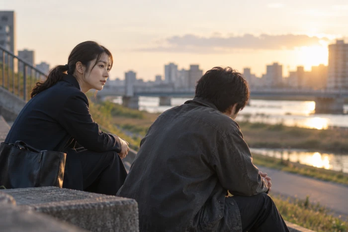 夕暮れの川辺で静かに向き合う男女二人