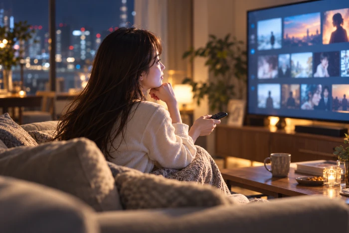 夜の自宅でテレビを見ながら作品を選ぶ女性