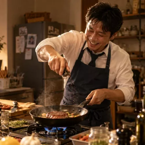 スーツ姿の男性がエプロン姿で楽しそうに料理をするキッチン