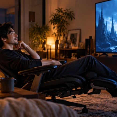 夜の部屋で高級オフィスチェアを深くリクライニングし、大型テレビで映画を楽しむ男性