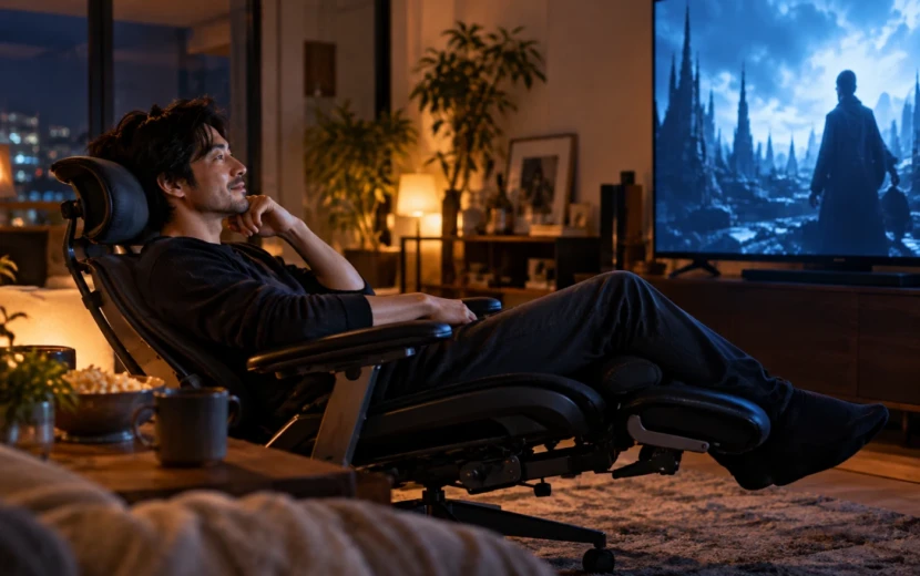 夜の部屋で高級オフィスチェアを深くリクライニングし、大型テレビで映画を楽しむ男性