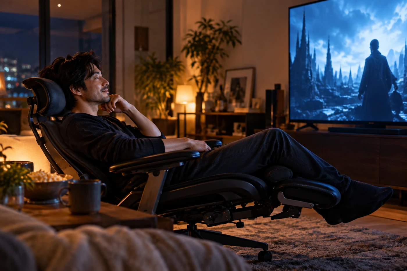 夜の部屋で高級オフィスチェアを深くリクライニングし、大型テレビで映画を楽しむ男性