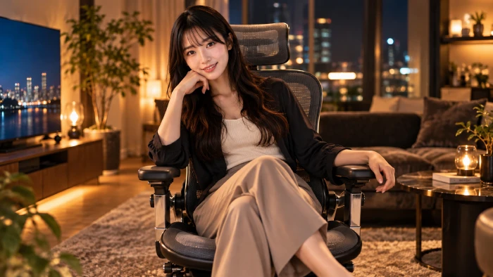夜のリビングで高級メッシュチェアに脚を組んで座り、落ち着いた表情で正面を見つめる女性