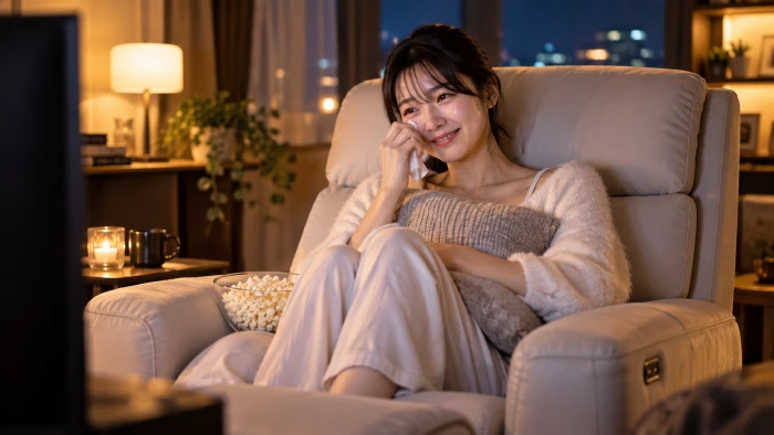 夜のリビングで高級リクライニングソファに座り、涙を拭いながら映画に感動する女性