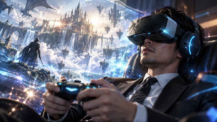 スーツ姿の男性がVRゴーグルとヘッドフォンを着用し、ゲームの世界に没入しながらコントローラーを握っている。