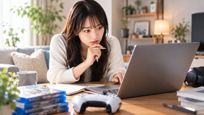 ノートとゲームコントローラーが置かれた机で、ノートパソコンの画面を真剣に見比べる女性。