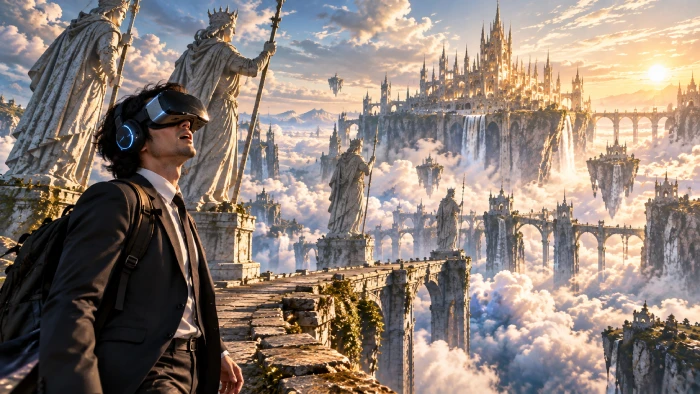 VRゴーグルを着けたスーツ姿の男性が、雲海に浮かぶ壮大な王国と巨大な石像を見渡して驚いている。
